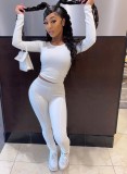 White O-Neck Long Sleeves Crop Top and High Waist Fitted Pants 2PCS Set