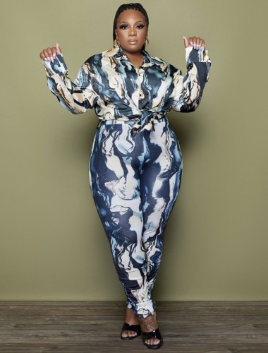 Plus Size Blue Print Long Sleeves Blouse and Pants 2PCS Set