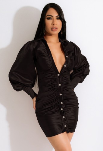 Black Silk Puff Sleeve Button Open Ruched Mini Dress