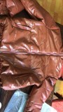 Brown Leather Zip Open Turndown Collar Long Sleeves Padded Jacket
