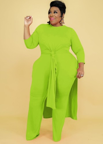 Plus Size Green O-Neck Slit Long Sleeves Long Top and Pants 2PCS Set
