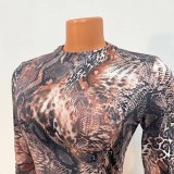 Lepoard Print Long Sleeve Round Neck Sheath Mini Dress