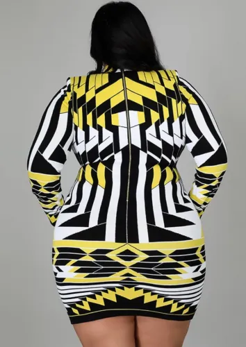 Plus Size Geommetric Print Zipper Up Long Sleeves Mini Dress