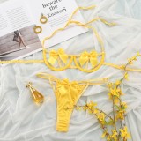 Yellow Cut Out Tied Halter Bra and T-Back Lingerie 2PCS Set