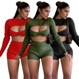 Green O-Neck Keyhole Button Up Crop Top And Shorts 2PCS Set