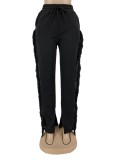 Black Tassels High Waist Loose Drawstring Trousers