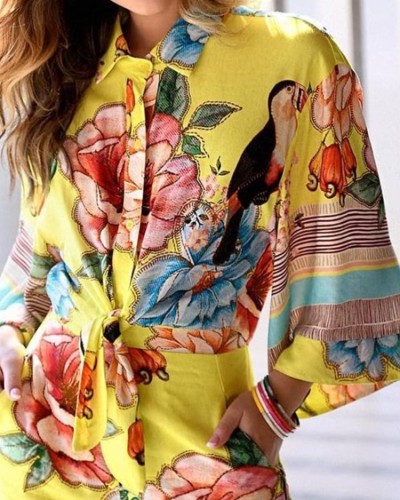 Floral Yellow Turndown Collar Knotted 3/4 Sleeve Romper