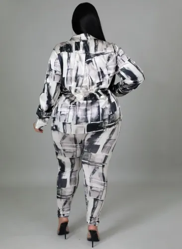 Plus Size Black Print Long Sleeves Blouse and Pants 2PCS Set