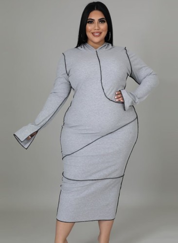 Plus Size Black Line Grey Hoody Sheath Long Dress