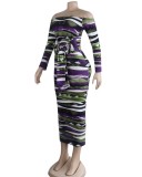 Multicolor Off Shoulder Long Sleeve Fitted Long Dress with Belt