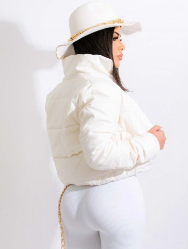 White Leather Zip Open Turndown Collar Long Sleeves Padded Jacket