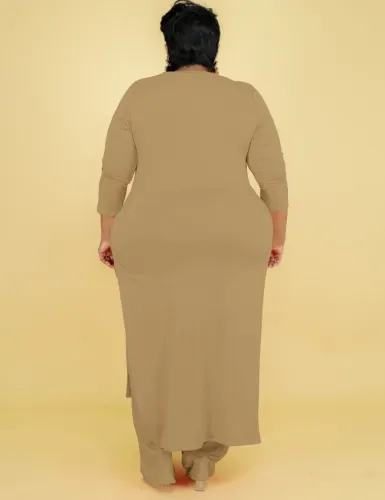 Plus Size Khaki O-Neck Slit Long Sleeves Long Top and Pants 2PCS Set