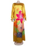 Colorful Floral Yellow Silk Long Sleeve Loose Long Dress