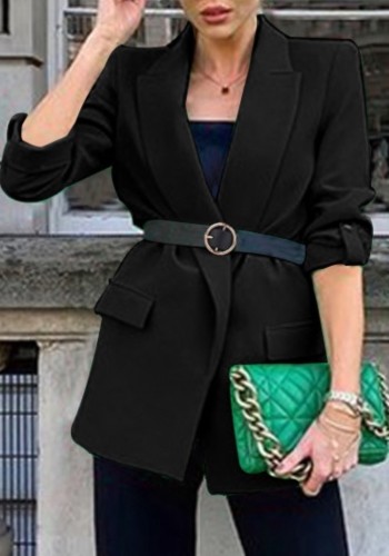 Black Turndown Collar Long Sleeve Long Office Blazer