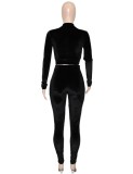 Black Velvet Zip Up Top and Drawstring Pants 2PCS Tracksuit