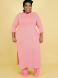 Plus Size Pink O-Neck Slit Long Sleeves Long Top and Pants 2PCS Set