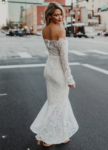 White Lace Off Shoulder Long Sleeve High Low Long Dress