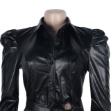 Black PU Leather Mesh Patch Button Up Long Sleeves Long Top