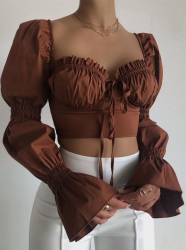 Brown Ruched Puff Sleeve Square Neck Tie Crop Top