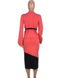 Red and Black Contast Plunge Neck Top And Pencil Skirt 2PCS Set