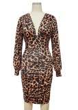 Leopard Print Plunge Neck Long Sleeves Slim Fit Midi Dress