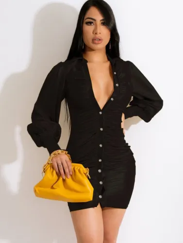 Black Silk Puff Sleeve Button Open Ruched Mini Dress