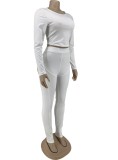 White O-Neck Long Sleeves Crop Top and High Waist Fitted Pants 2PCS Set