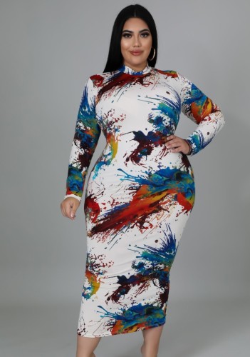 Plus Size Multicolor Print White Zip Up Long Sleeve Long Dress