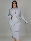 Plus Size Black Line Grey Hoody Sheath Long Dress
