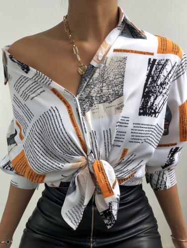 Nespaper Print White Knotted Long Sleeve Blouse