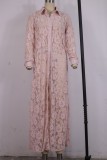 Pink Lace Button Up Long Sleeve Turndown Collar Long Cardigan