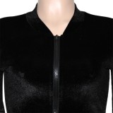 Black Velvet Zip Up Top and Drawstring Pants 2PCS Tracksuit