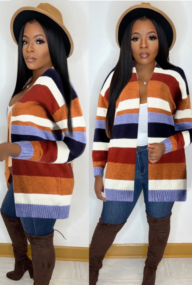 Multicolor Stripes Knitted Drop Shoulder Long Cardigan