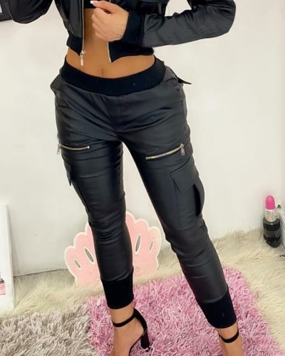 Black PU Leather Low Waist Zipper Cargo Pants with Pocket