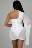 White Beaded Single Shoulder Mini Dress