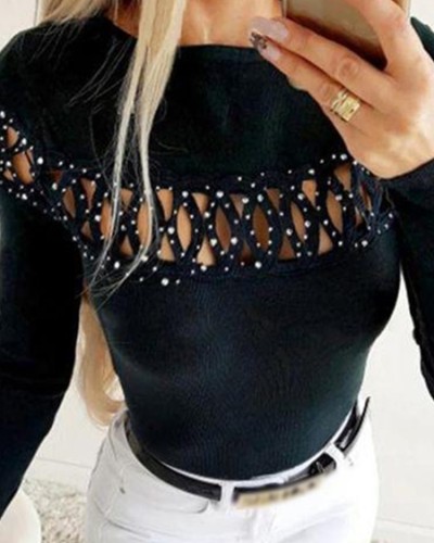 Black Beaded Hollow Out Long Sleeve O-Neck Shirt