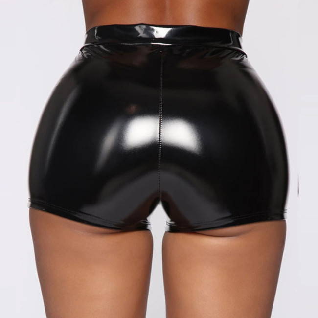 Plus Size Black Patent PU Leather Tight Shorts