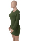 Green O-Neck Tassel Long Sleeve Sheath Mini Dress