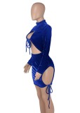 Blue Velvet Midi Neck Drawstring Keyhole Long Sleeve Mini Dress