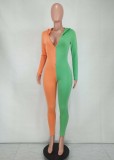 Orange and Green Contrast Zip Long Sleeve Tight Hoody Jumpsuit