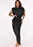 Black Sleeveless Pad Shoulder Ruched Split Irregular Long Dress