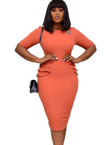Elegant Orange Half Sleeves O-Neck Ruffle Midi Office Dress
