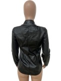 Black Pu Leather Pocket Button Open Long Sleeve Blouse