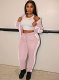 White Size Stripes Pink Zip High Neck Top and Pants 2PCS Tracksuits
