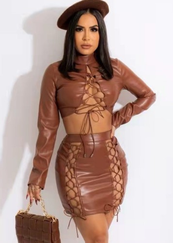 Brown Leather Lace Up Turtleneck Crop Top and High Waist Skirt 2PCS Set