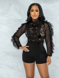 Black Lace Patch Tassel Long Sleeves Rompers with Belt