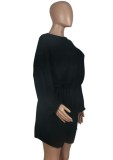 Black Drawstring Long Sleeve Drop Shoulder Sweater Romper