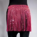 Rosy Red Bling Bling Rhinestone Fringe Tassels Chains Mini Skirt