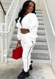 White Zip Up Puffed Long Sleeve Crop Top And Piping Pant 2PCS Set