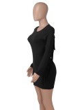 Black O-Neck Tassel Long Sleeve Sheath Mini Dress